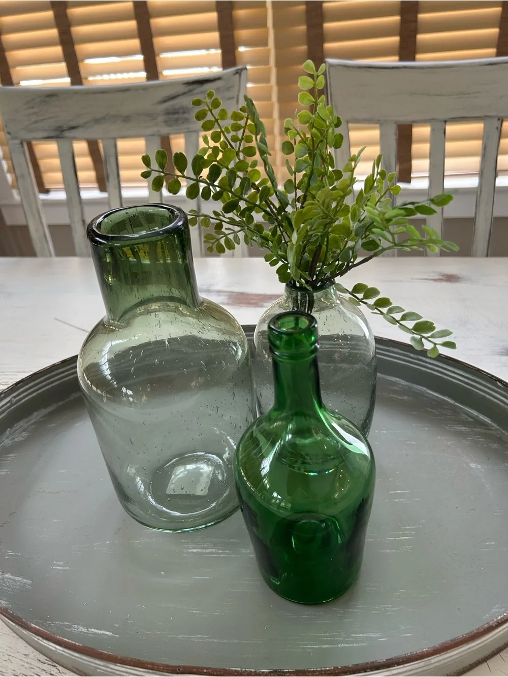 Green tabletop decor Glass vase accents shades of green Rustic modern farmhouse